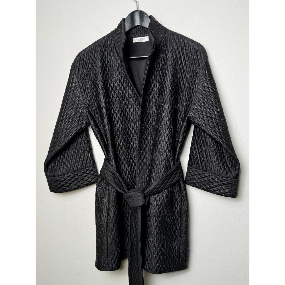 Natori Belted Kimono Black Quilted Floral Robe Jacket Womens Small Mock Neck